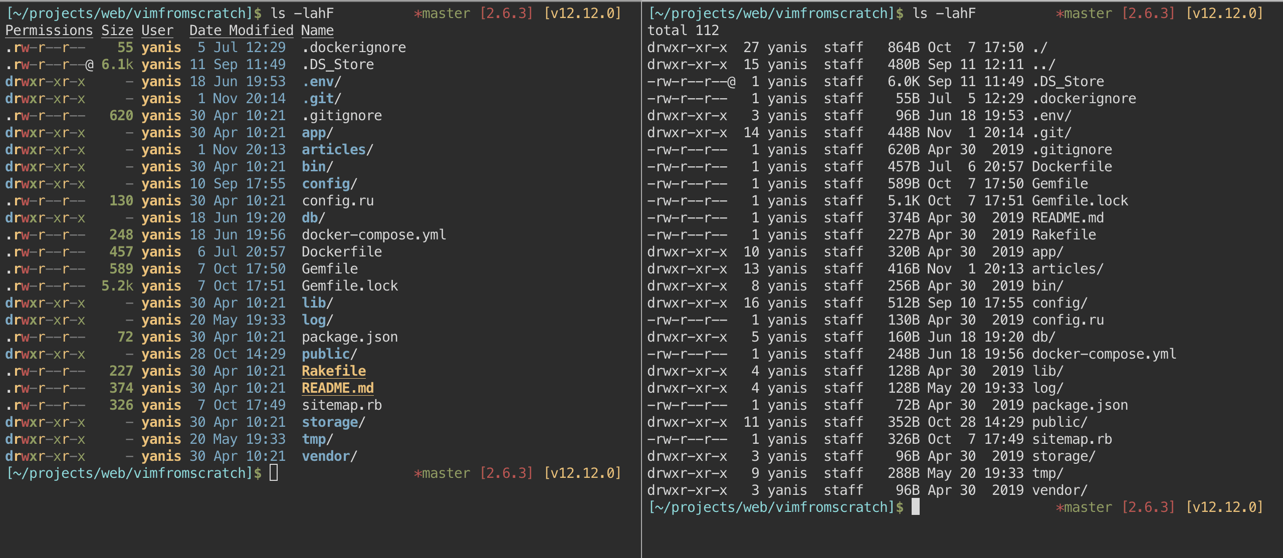 Regular `ls` vs `exa`